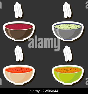 Illustrazione di un grande set a tema vari tipi di deliziose zuppe calde e preparate in casa con brodo e verdure composte da vari ingredienti Illustrazione Vettoriale
