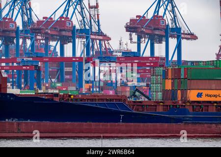 Hamburger Hafen, HHLA Containerterminal Burchardkai, Athabaskakai, an der Elbe, container Feederschiff Elbsky, Amburgo, Deutschland Container Terminal *** Porto di Amburgo, HHLA Container Terminal Burchardkai, Athabaskakai, sull'Elba, nave alimentatrice di container Elbsky, Amburgo, Germania Container Terminal Foto Stock