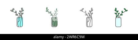 Icone lineari di vasi con fiori. Contorno di un vaso. Pianta in un vettore di vaso. Arredamento vettoriale per la casa. Illustrazione Vettoriale