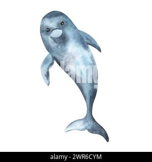 Delfino blu isolato su sfondo bianco. Acquerello. Illustrazione. Modello. Primo piano. Clipart. Design del biglietto d'auguri. Vita marina, animali marini. Ocea Foto Stock