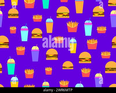 Fast food senza cuciture con hamburger, bevande e patatine fritte. Cheeseburger, hamburger e bibite frizzanti. Bicchieri di plastica e di carta per carbonato Illustrazione Vettoriale