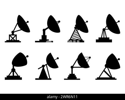 Antenna parabolica nera isolata su sfondo bianco. Sagome di parabole satellitari. Antenne satellitari di vari tipi. Design icona per la stampa, b Illustrazione Vettoriale