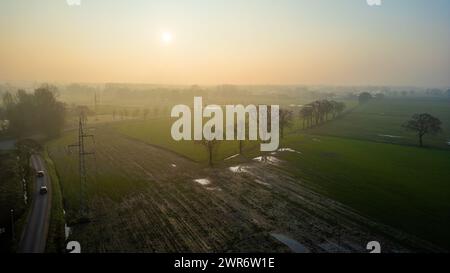 Un tranquillo paesaggio con una strada di campagna che si snoda accanto a alberi che gettano le ombre, bagnata dalla luce dorata dell'alba. Golden Sunrise Casting Shadows su una strada di campagna e alberi. Foto di alta qualità Foto Stock