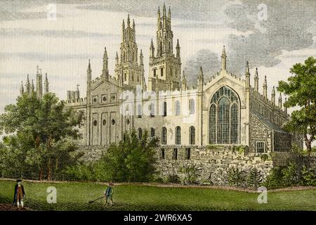 All Souls College, Oxford, Inghilterra, fondato nel 1438. Le torri gemelle neogotiche del college, che si innalzano sopra gli edifici, sono state progettate dall'architetto barocco Nicholas Hawksmoor (c. 1661 - 1736) e aggiunte nei primi anni '1700 Raccolto senza bordi di incisione su lastre di rame, pubblicato per la prima volta alla fine degli anni '1700 in "A New display of the Beauties of England" e successivamente colorato a mano. Foto Stock