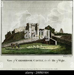 Castello di Carisbrooke nell'isola di Wight, Inghilterra. Un castello normanno, ristrutturato nel XIII e XIV secolo. Durante la guerra civile inglese, ospitò re Carlo i come prigioniero poco prima dell'esecuzione del re nel 1649. Tardo XVIII secolo incisione su lastra di rame da un disegno di Francis Grose del 1772 circa. Pubblicato per la prima volta in The Antiquities of England and Wales (1772-1787) di Grose e successivamente colorato a mano. Foto Stock