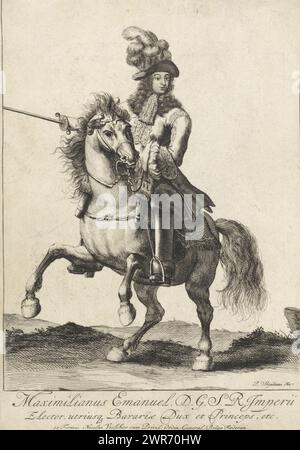 Ritratto equestre di Massimiliano II Emanuele, Elettore di Baviera, Ritratto di Massimiliano II Emanuele, Elettore di Baviera, a cavallo con una spada in mano. In fondo al margine il nome e la posizione sono in latino., stampatore: Pieter Stevens (vermeld nel 1689), editore: Nicolaes Visscher (II), Staten-Generaal, Amsterdam, 1679 - 1702, paper, incisione, incisione, altezza 238 mm x larghezza 167 mm, stampa Foto Stock