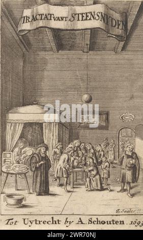 Operation in Sick room, Title page for F. Tolet, Tractaat vande lithotomia (...), 1693, Tractat vant Steen Snyden (title on object), Un gruppo di persone guarda come un paziente, legato a un tavolo, viene rilasciato dalle sue pietre vescicali. I materiali di consumo operativi sono pronti su un altro tavolo. Sullo sfondo un letto a baldacchino., tipografo: J. Seuler, editore: Anthony Schouten, tipografo: Paesi Bassi del Nord, editore: Utrecht, 1693, carta, incisione, incisione, altezza 137 mm x larghezza 806 mm, stampa Foto Stock