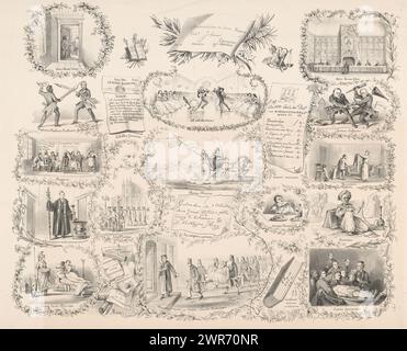 Cartone animato con scene della vita studentesca, Examinabitur in jure Romano (titolo sull'oggetto), Cartoon con scene della vita studentesca tra cui: Il professor Robert Fruin in alto a sinistra con la sua penna come spada che combatte contro il signor Groen van Prinsterer; lasciato sotto il beadle Haremaker; in piedi al centro sotto il professor Everts di fronte al Nosocomio (ospedale) dove viene portata una processione di malati; Top Right una lotta per la chiave dell'Hortus tra un botanico e un astronomo; proprio sotto il professor Dosy come arabo., stampatore: anonimo, dopo il progetto di: jonkheer Victor Eugène Louis de Stuers Foto Stock