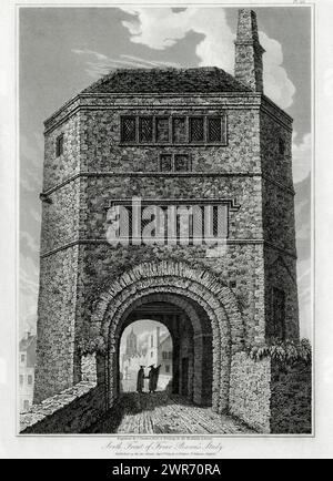 Fronte sud dello studio di Friar Bacon al Folly Bridge nella città di Oxford, Inghilterra, un'imponente torre difensiva esagonale costruita negli anni '1200 e progettata per impedire l'ingresso alla città da sud. La “Tom Tower” è visibile attraverso l’arco. Frate Bacon (c. 1220 - c. 1292) fu Roger Bacon, un sostenitore medievale della scienza sperimentale che studiò matematica, astronomia e ottica; si dice che la torre sia stata utilizzata da lui come osservatorio astronomico. Incisione Copperplate di Joseph Skelton (c. 1783 - 1871), pubblicata nei primi anni '1800 e basata su un disegno nella Bodleian Library. Foto Stock