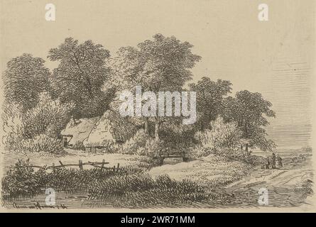 Azienda su una strada di campagna, tre figure e un cane su una strada di campagna vicino a una fattoria tra alberi., tipografo: Remigius Adrianus Haanen, Austria, c. 1849, carta, incisione, altezza 115 mm x larghezza 155 mm, stampa Foto Stock