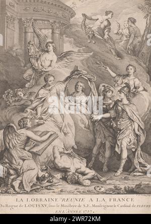 Scena allegorica con ritratto del cardinale André-Hercule de Fleury, la Lorraine réunie a la France (titolo sull'oggetto), stampatore: Charles Nicolas Cochin (i), stampatore: Charles Nicolas Cochin (II), dopo aver dipinto di: Nicolas Delobel, stampatore: Francia, stampatore: Francia, editore: Parigi, 1737, carta, incisione, incisione, altezza 378 mm x larghezza 271 mm, stampa Foto Stock