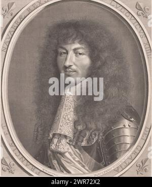 Ritratto di Luigi XIV, Ludovicus XI III dei Gratia Franciae et Navarrae Rex (titolo sull'oggetto), stampatore: Robert Nanteuil, su disegno di Robert Nanteuil, Lodewijk XIV (koning van Frankrijk), Francia, 1664, carta, incisione, altezza 495 mm x larghezza 423 mm, stampa Foto Stock