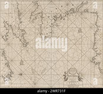 Mappa di una parte delle coste dell'Irlanda, dell'Inghilterra, della Francia e della Spagna, mappa della Baia di Vrankryck, Biscaien e Galissen, l'ingresso al Canale AS Meden, il Canale di Bristol e la costa meridionale dello Yrland (titolo sull'oggetto), passa una mappa di parte della costa dell'Irlanda, dell'Inghilterra, della Francia e della Spagna, mostrando la baia di Biscaglia. Sulla sinistra una rosa della bussola, il nord è sulla sinistra. Sulla destra un cartiglio affiancato da due putti con il titolo, compresa la scala in tedesco, spagnolo e inglese o francese Miles., stampatore: Jan Luyken, (forse ), stampatore: Caspar Luyken, (forse) Foto Stock