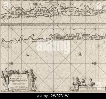 Passa la mappa di una parte della costa della Norvegia nelle vicinanze di Bergen, nuova mappa della costa della Norvegia: Partendo da Bommelsondt fino al Wtweer Klikken. Accuratamente redatto e corretto da molti errori (titolo sull'oggetto), Pass MAP di una parte della costa della Norvegia vicino a Bergen, con due rose di bussola, North è sulla sinistra. In basso a sinistra c'è un cartiglio con il titolo e l'indirizzo dell'editore, che mostra una donna con la corona della città e il corno di abbondanza e un dio del mare con lo stoccafisso e una canna d'acqua. C'è uno scoiattolo vicino alla cornucopia . In basso a destra Nettuno e due mercenari della scala Foto Stock