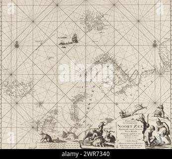 Passa la mappa della parte settentrionale dell'Oceano Atlantico con l'Oceano Artico, il Mare del Nord e il Mar Baltico, passa la mappa della parte settentrionale del Mare del Nord, partendo da van der Neus. A: Nova Zemla (titolo sull'oggetto), mappa della parte settentrionale dell'Oceano Atlantico con l'Oceano Artico, il Mare del Nord e il Mar Baltico, dalla costa islandese a Nova Zembla. Con due rose di bussola, il Nord è in alto. In basso a destra un paesaggio roccioso con un uomo sugli sci, un uomo con la testa di un tricheco e una donna che munge una capra. Sullo sfondo, un uomo in slitta, tirato da un cervo Foto Stock