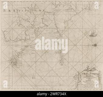 Mappa della costa occidentale della Bretagna, carta del mare nuovo da t' Ras van Conquest e Fonteny contenente la costa occidentale della Bretagna con la vicina Eylanden (titolo sull'oggetto), Mappa della costa occidentale della Bretagna, con una rosa di bussola, il nord è sulla sinistra. In basso a destra un cartiglio con il titolo, l'indirizzo dell'editore e la scala, mostrato in tedesco, spagnolo e inglese o francese miglia (scala: c. 1: 100.000). Il titolo è affiancato da un putto con bastone di Giacobbe e un putto con armillario. Un cervo giace sulla pietra con il titolo su di essa ., stamperia: Anonimo Foto Stock
