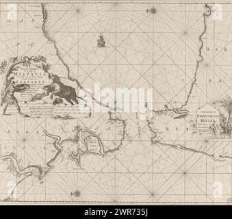 Carta nautica dello stretto di Gibilterra, carta New Pass della costa della Spagna. Da 't Klif a Velez Malaga, così come la costa di Barbaria. Da Larache a Belis. Con tutta la sua profondità e siccità Naau-keurigh preparata dagli amanti della navigazione marittima (titolo sull'oggetto), passa la mappa dello stretto di Gibilterra, con due rose di bussola, il Nord è sulla sinistra. Sulla sinistra un cartouche con il titolo e la scala in tedesco, spagnolo e inglese o francese. Una corrida si svolge intorno al titolo. A destra dell'indirizzo dell'editore c'è una palma e alcuni uomini con turbanti. Foto Stock