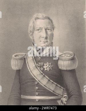 Ritratto di Hendrik Merkus de Kock, la sitter indossa un'uniforme militare con spalline con tre stelle, tre cavalieri e una fascia. Sotto il ritratto ci sono il nome e le posizioni., stampatore: Cornelis Kimmel, 1832, carta, altezza 460 mm x larghezza 315 mm, stampa Foto Stock