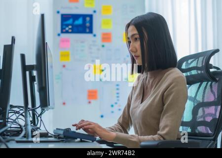 I tecnici asiatici sviluppano un'applicazione di codifica con dati software posizionati davanti al monitor del computer in ufficio Foto Stock