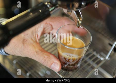 Symbolbild zum Thema Kaffee Hier: Espressotasse in Siebträgermaschine *** immagine simbolica sul tema del caffè qui tazza espresso in macchina per portafiltro Foto Stock