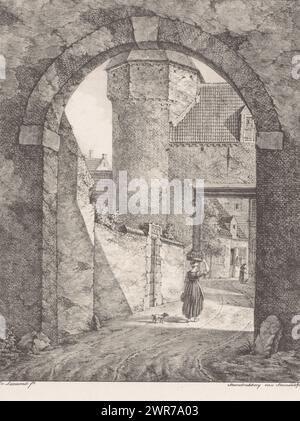 Porta della città con donna e cane, disegni di J. van Lexmond (titolo della serie), la donna porta un cestino sulla testa., stampatore: Johannes van Lexmond, stampante: Steuerwald & Co., Dordrecht, in o prima 1826 - 1833, carta, altezza 340 mm x larghezza 245 mm, stampa Foto Stock