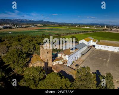 Vista aerea di la Torra - Camarles Rice Interpretation Center (Baix Ebre, Tarragona, Catalogna, Spagna) ESP: Vista aérea de la Torra - Camarles, España Foto Stock