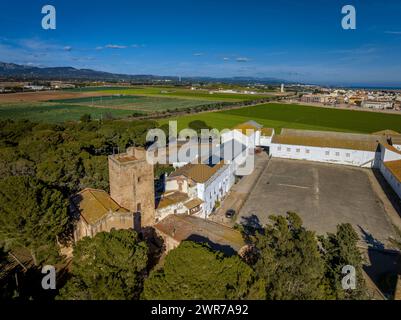 Vista aerea di la Torra - Camarles Rice Interpretation Center (Baix Ebre, Tarragona, Catalogna, Spagna) ESP: Vista aérea de la Torra - Camarles, España Foto Stock