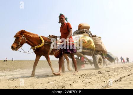 Phulchari, Gaibandha, Bangladesh. 11 marzo 2024. I carretti a cavallo sono l'unico mezzo di trasporto di merci e passeggeri nella zona lungo il fiume Jamuna a Phulchari Ghat a Gaibandha. Le persone che vivono al di sotto della soglia di povertà in queste zone soffrono di una regolare erosione fluviale durante la stagione dei monsoni. Un carretto a cavallo è l'unico veicolo qui. Ma la maggior parte delle persone cammina per chilometri attraverso i letti dei fiumi secchi ogni giorno fino alla loro destinazione a causa di vincoli finanziari. (Immagine di credito: © Syed Mahabubul Kader/ZUMA Press Wire) SOLO PER USO EDITORIALE! Non per USO commerciale! Foto Stock