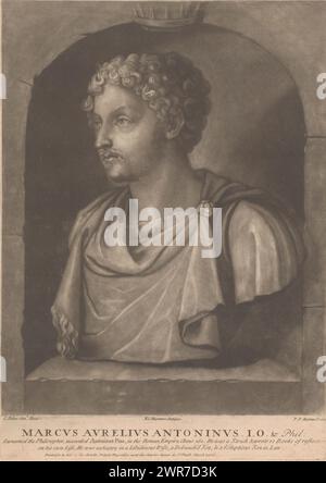 Ritratto di Marco Aurelio, Marco Aurelio Antonino (titolo sull'oggetto), filosofi e poeti dell'antichità classica (titolo della serie), filosofi e poeti antichi (titolo della serie), testo in inglese a margine inferiore., stampatore: John Faber (i), dopo disegno di: Peter Paul Rubens, dopo scultura di: anonimo, Londra, 1691 - 1721, carta, altezza 353 mm x larghezza 252 mm, stampa Foto Stock