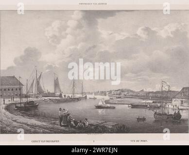 Porto di Arnhem, veduta del porto (titolo sull'oggetto), dintorni di Arnhem (titolo della serie sull'oggetto), Arnhem e i suoi dintorni (titolo della serie), barche a vela e a remi di varie dimensioni navigano sull'acqua. Davanti c'è un gruppo di figure con un disegnatore. Parte di una copertina con sei immagini., stampatore: Anonimo, stampante: Desguerrois & Co., Amsterdam, 1827 - 1907, carta, altezza 340 mm x larghezza 485 mm, stampa Foto Stock
