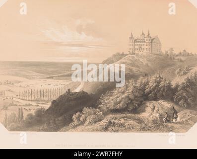 Vista del castello reale di Ciergnon, Chateau de Ciergnon, a sa majesté le ROI des Belges (titolo sull'oggetto), vedute della proprietà reale nelle Ardenne (titolo della serie), stampatore: Louis Ghémar, editore: Société des Beaux-Arts, Bruxelles, c. 1846, carta, altezza 450 mm x larghezza 567 mm, stampa Foto Stock