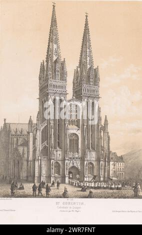 Vista della cattedrale di Saint-Corentin a Quimper, St. Corentin. Cathédrale de Quimper (titolo sull'oggetto), Francia contemporanea (titolo della collana), la France de nos jours (titolo della collana sull'oggetto), stampatore: Louis Lebreton, su disegno di: Louis Lebreton, stampatore: Becquet frères, Parigi, 1855 - 1859, carta, altezza 399 mm x larghezza 291 mm, stampa Foto Stock