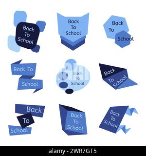 Set di nove distintivi blu per il ritorno alla scuola. Collezione di etichette e icone scolastiche. Illustrazione vettoriale. Illustrazione Vettoriale