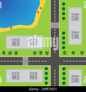 Piano della città. Vista dall'alto della città con la strada, l'incrocio, gli edifici alti, gli alberi, gli arbusti e la spiaggia. Illustrazione Vettoriale