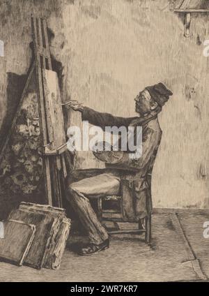 Ritratto di Frans Meerts presso il suo cavalletto, tipografo: Auguste Danse, (firmato dall'artista), su disegno di: Frans Meerts, 1881, carta, incisione, punto di essiccazione, altezza 390 mm x larghezza 313 mm, stampa Foto Stock