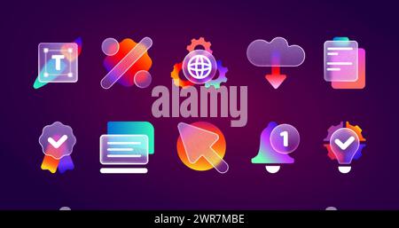 Icone dell'interfaccia utente opache con glassmorfismo realistico con gradiente neon sfocato. Icona morfismo in vetro smerigliato trasparente Set di campanello di notifica, lampadina della soluzione, laptop, impostazioni Web, percentuale di sconto, scarica. Illustrazione Vettoriale