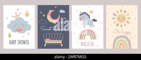 Boho poster per bambini in stile scandinavo. Modelli per la doccia con sole, arcobaleno, nuvola, unicorno, culla e luna. Arredamento bohémien per la camera dei bambini. Stampa wall art con virgolette per lettere a mano. Illustrazione Vettoriale