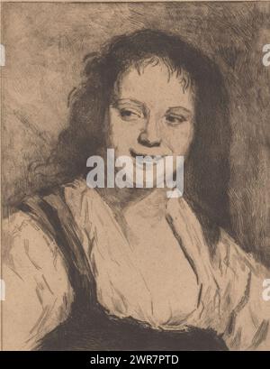 Ritratto di una giovane donna sconosciuta, tipografo: Fritz hanno, (firmato dall'artista), su disegno di: Frans Hals, c. 1880 - c. 1905, carta, incisione, punto a secco, altezza 256 mm x larghezza 196 mm, stampa Foto Stock