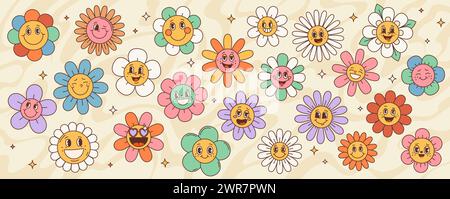 Rétro hippie groove daisy girasole simpatici personaggi floreali con volti sfondo vettoriale. Cartoni animati motivo floreale psichedelico di simpatici personaggi camomilla con occhiali da sole a forma di cuore rosa Illustrazione Vettoriale