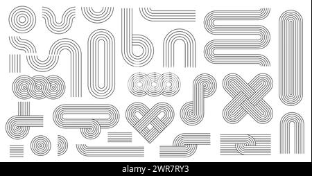 Linee di tratto geometriche con disegni ad arco zen, figure e forme nordiche. Elementi grafici grafici grafici di linee vettoriali con forme di bilanciamento astratte. Delinea cerchi, cuori, onde e archi, interminabili croci e nodi Illustrazione Vettoriale