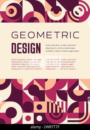 Beige, viola marrone e rosa moderno poster geometrico astratto, motivo vettoriale. Motivo svizzero retrò o scandinavo moderno con forme geometriche semplici ed elementi colorati per lo sfondo della copertina Illustrazione Vettoriale