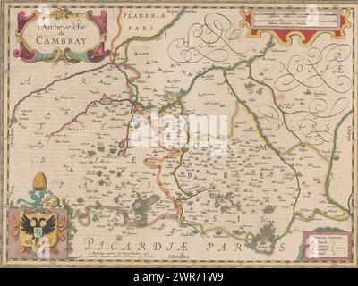 Mappa dell'Arcidiocesi di Cambray, l'archevesche de Cambray (titolo sull'oggetto), Mappa dell'Arcidiocesi di Cambrai. In alto a sinistra il titolo cartouche. In alto a destra un cartiglio con due barre in scala: 4 Miliaria Gallica communia / 3 Miliaria Germanica communia. In basso a sinistra lo stemma dell'arcidiocesi di Cambrai. In basso a destra un cartiglio con una spiegazione delle abbreviazioni sulla mappa. La mappa ha una distribuzione in gradi lungo i bordi. Con testo latino sul verso., Print Maker: Anonimo, editore: Henricus Hondius, editore: Johannes Janssonius, editore: Amsterdam Foto Stock