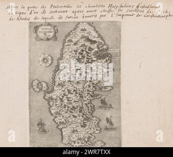 Mappa dell'isola di Rodi, Isola di Rodi (titolo sull'oggetto), creatore: Simon Pinargenti, c. 1570 - c. 1580, carta, incisione, altezza 205 mm x larghezza 149 mm, stampa Foto Stock