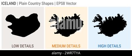 Islanda - forma di campagna pianeggiante. Mappe dettagliate basse, medie e alte dell'Islanda. Illustrazione del vettore EPS8. Illustrazione Vettoriale