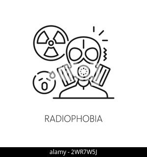 Icona della fobia della radiofobia umana, salute mentale. Paura di radiazioni ionizzanti, problema psicologico delle persone segno del vettore di linea. Disturbo mentale icona a linea sottile con umano in maschera gas, simbolo materiale radioattivo Illustrazione Vettoriale