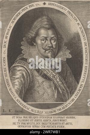 Ritratto di Joachim Ernst von Brandenburg-Ansbach, testo in latino nella cornice e nel margine inferiore., tipografo: Lucas Kilian, anonimo, editore: Lucas Kilian, 1603 - 1637, carta, incisione, altezza 185 mm x larghezza 132 mm, stampa Foto Stock