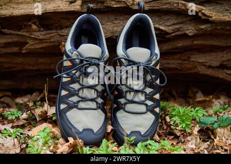 Scarponi da trekking nella natura. Scarpe da trekking robuste sullo sfondo di un terreno boschivo. Concetto di esplorazione e attività all'aperto Foto Stock