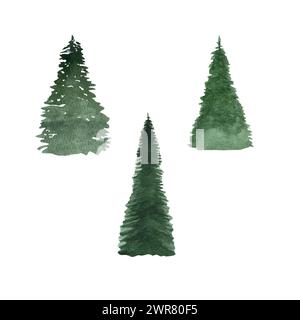 Set di pini acquerelli e abeti isolati su sfondo bianco. Alberi di silhouette astratti. Perfetto per le feste e i disegni di Natale, le schede, la decorazione Foto Stock