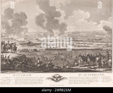 Paesaggio con campo di battaglia, Bataille d'Austerlitz. (Titolo su oggetto), stampatore: Jean Duplessis-Bertaux, stampatore: Charles Francois Gabriel Levachez, editore: Sconosciuto, stampatore: Francia, stampatore: Francia, editore: Parigi, 1760 - 1820, carta, incisione, altezza 373 mm x larghezza 481 mm, stampa Foto Stock