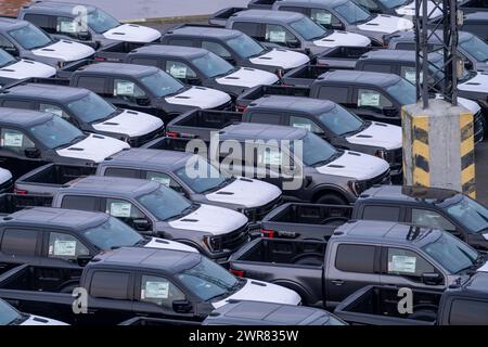 Pick-up Ford FX4 in magazzino, nel porto d'oltremare di Bremerhaven, dopo l'importazione dagli Stati Uniti in Germania, bassa Sassonia, Germania Foto Stock